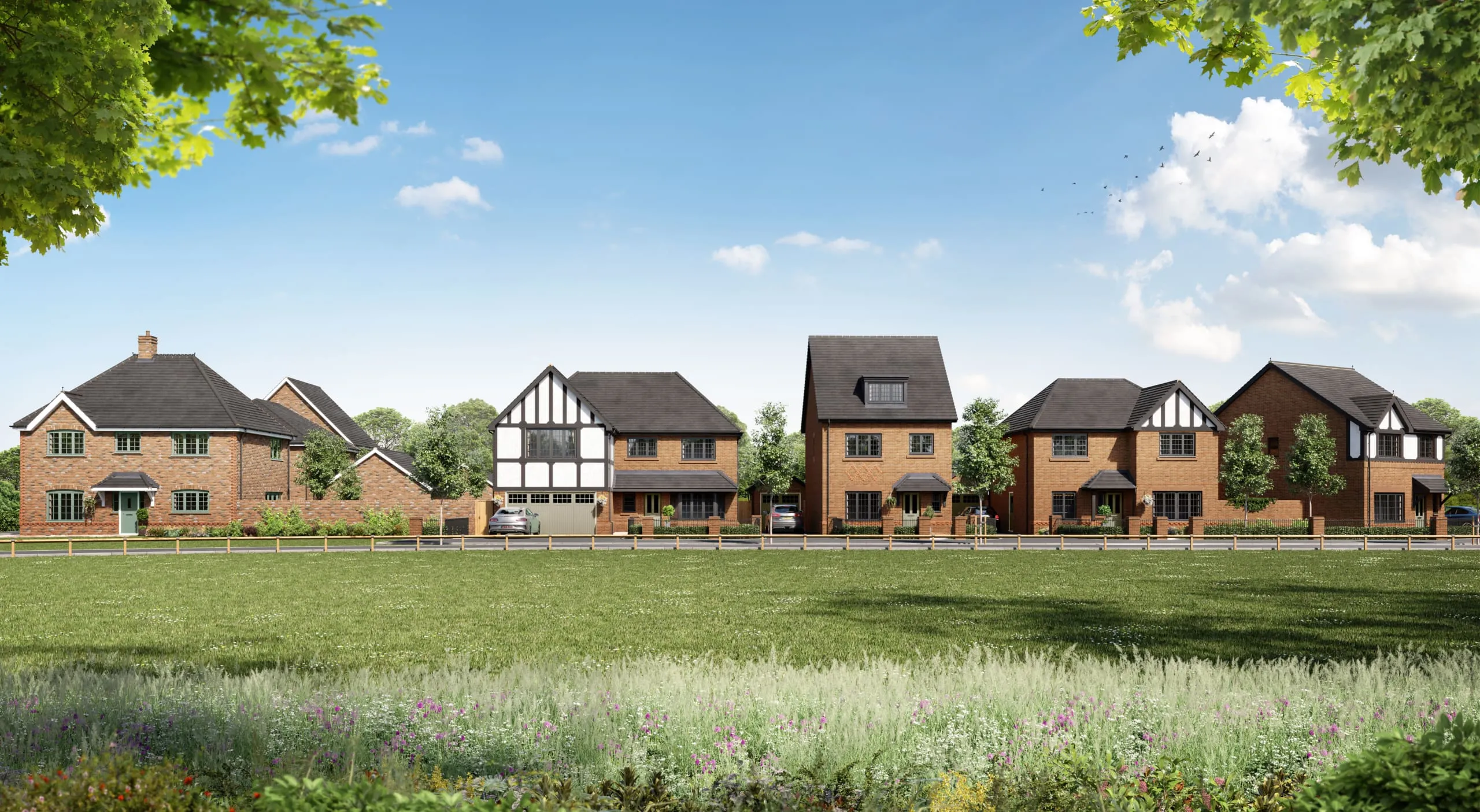 CGI street scene of 5 Anwyl new build houses at the Fairways
